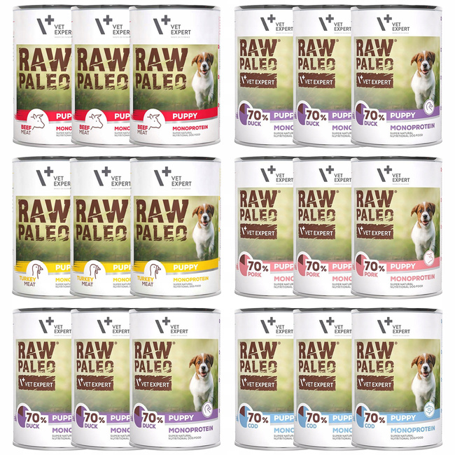 Raw Paleo PUPPY Karma mokra dla szczeniąt MONO mix smaków 18 x 400g Bezzbożowaa