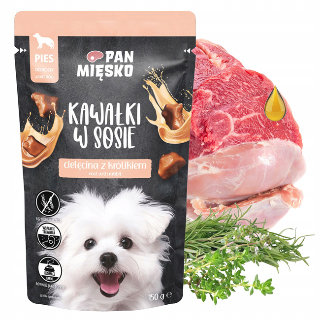 PAN MIĘSKO Kawałki w sosie Cielęcina Królik karma dla psa mokra 10 x 150g