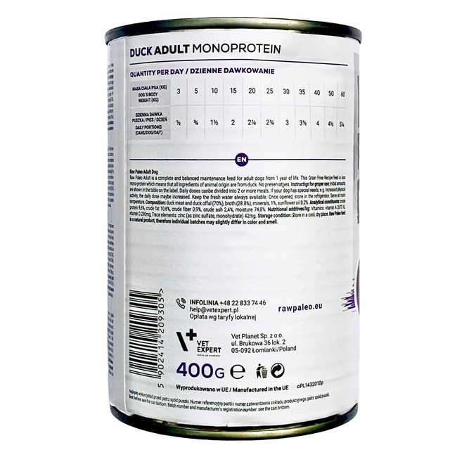 RAW PALEO Karma mokra dla psa Mono Kaczka 6 x 400g Bezzbożowa