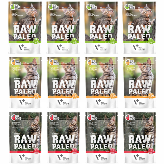 RAW PALEO Karma mokra dla kociąt mix smaków 12 x 100g Bezzbożowa