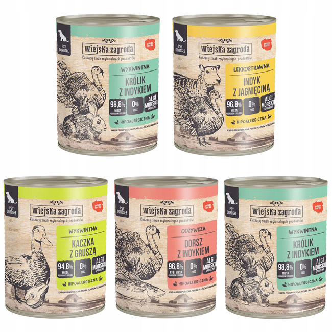 WIEJSKA ZAGRODA Karma mokra dla psa mix smaków 5 x 800g Bezzbożowa