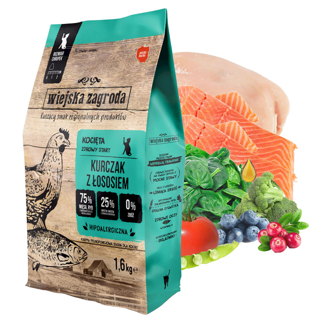 WIEJSKA ZAGRODA SUCHA KARMA DLA KOCIĄT 1,6kg ŁOSOŚ KURCZAK