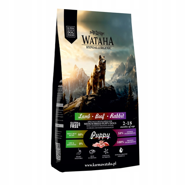 WATAHA Średnie rasy karma sucha szczeniąt Jagnię Królik Wołowina Ryż 6 kg