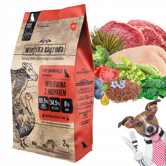 WIEJSKA ZAGRODA Karma sucha dla psa Wołowina Indyk 2 KG Bezzbożowa