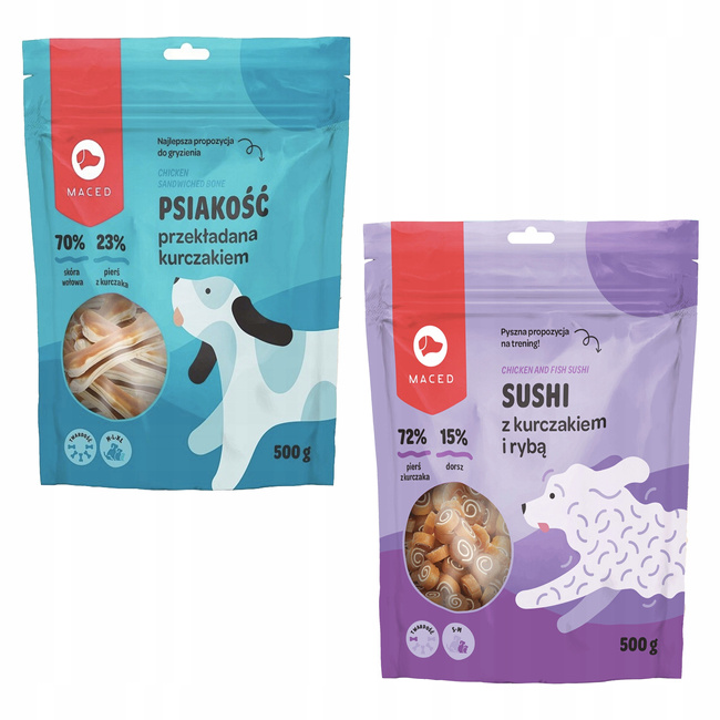 MACED Zestaw przysmaków dla psa Psia kość Kurczak 500g + Sushi Ryba 500g