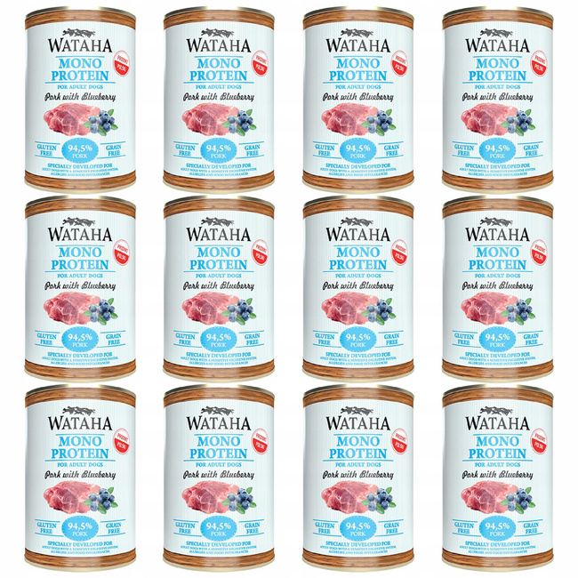 WATAHA Mono Protein Adult karma mokra dla psa Wieprzowina Borówka 12 x 400g