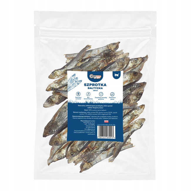 Gaczoo Przysmak dla kota Szprotki Bałtyckie 100g naturalny gryzak