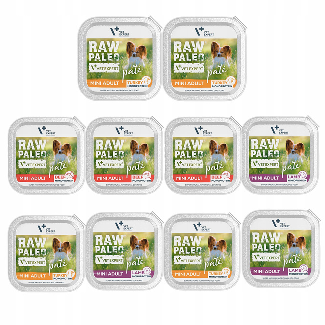 Raw Paleo Mini PATE Karma mokra dla psa mix smaków 10 x 150g Bezzbożowa