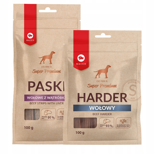 MACED Zestaw przysmaków dla psa Harder Wołowy 100g + Paski Wołowe 100g