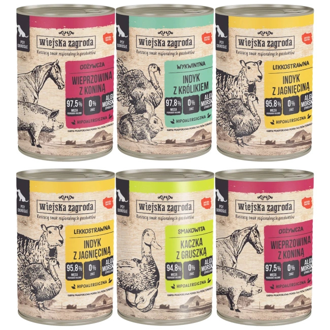 WIEJSKA ZAGRODA Mix Smaków karma dla psa mokra 6 x 400g bezzbożowa