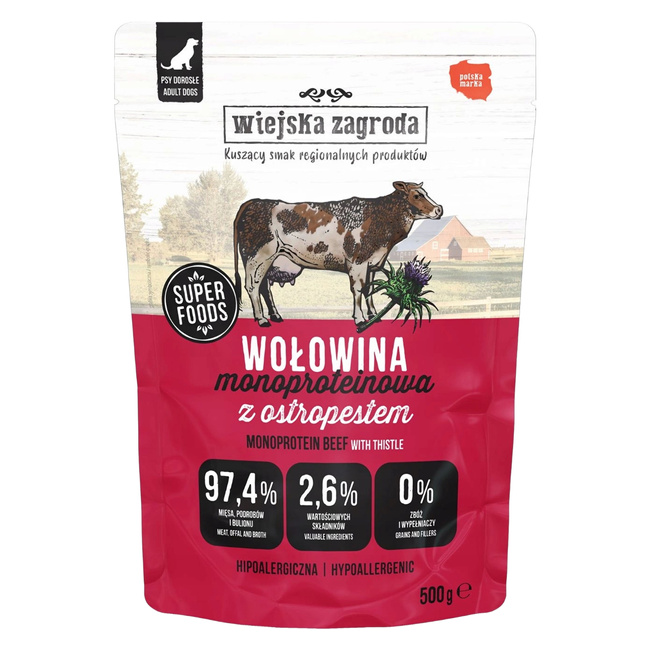 WIEJSKA ZAGRODA Mono mokra karma dla psa Wołowina z ostropestem 5 x 500g