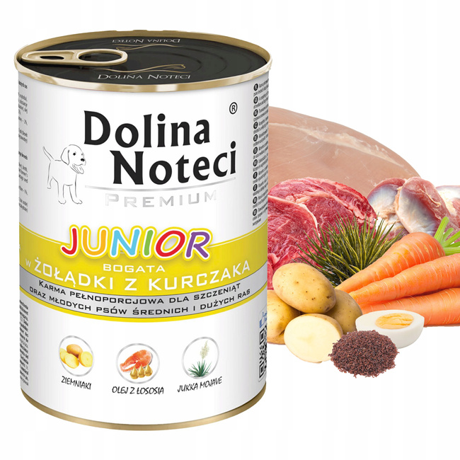 DOLINA NOTECI JUNIOR Karma mokra dla szczeniąt Żołądki z kurczaka 24 x 400g