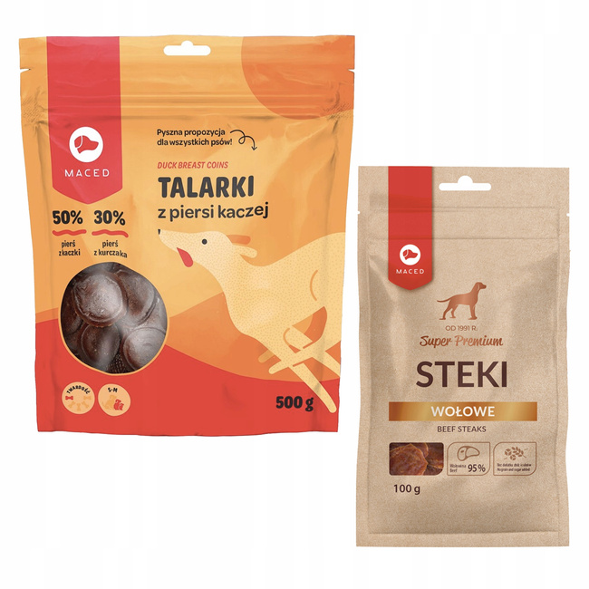 MACED Zestaw przysmaków dla psa Talarki Kaczka 500g + Steki Wołowe 100g