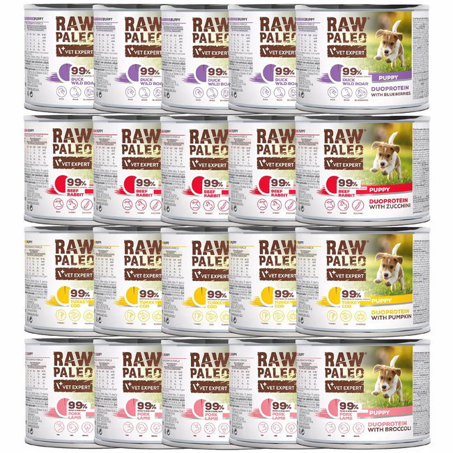 RAW PALEO PUPPY Duoprotein Mix Smaków karma dla szczeniąt mokra 20 x 200g