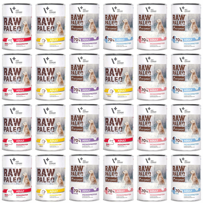 Raw Paleo Adult Karma mokra dla psa MONO mix smaków 24 x 400g Bezzbożowa