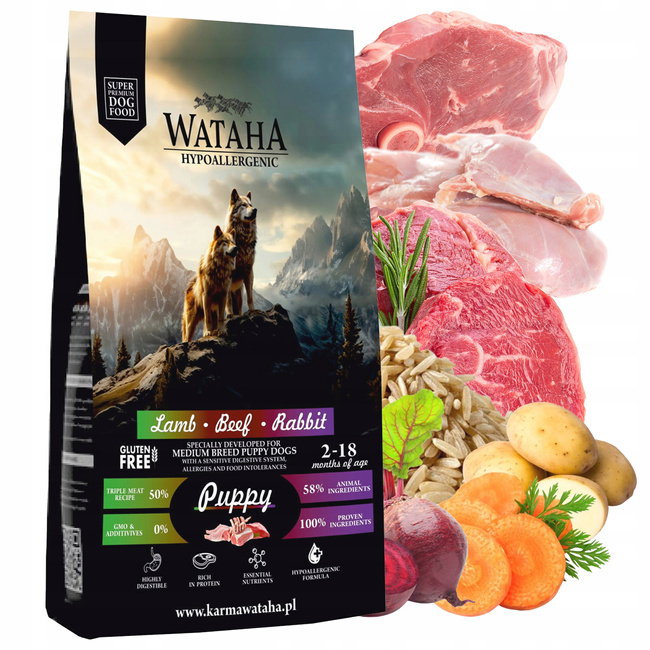 WATAHA Średnie rasy karma sucha szczeniąt Jagnię Królik Wołowina Ryż 2 kg