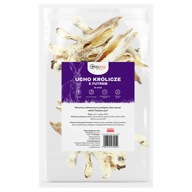 GACZOO 100% Naturalny przysmak dla psa Ucho Królicze z futrem 20 szt gryzak