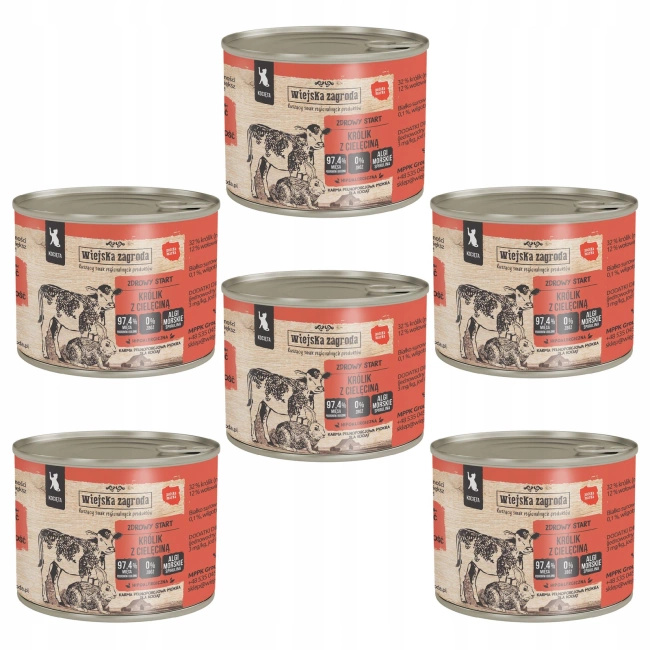 WIEJSKA ZAGRODA Karma mokra dla Kociąt Królik Cielęcina 6 x 200g bez zbóż