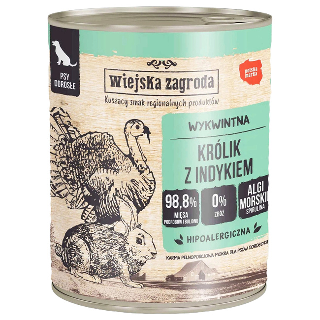 WIEJSKA ZAGRODA Karma mokra dla psa Królik z Indykiem 800g Bezzbożowa