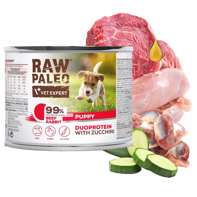 RAW PALEO PUPPY Duoprotein Wołowina Królik karma dla szczeniąt mokra 200g