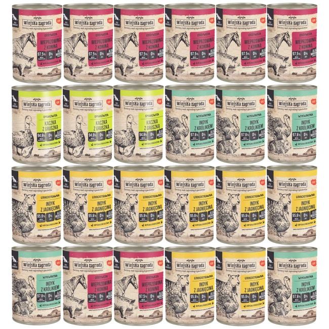 WIEJSKA ZAGRODA Mix Smaków karma dla psa mokra 24 x 400g bezzbożowa