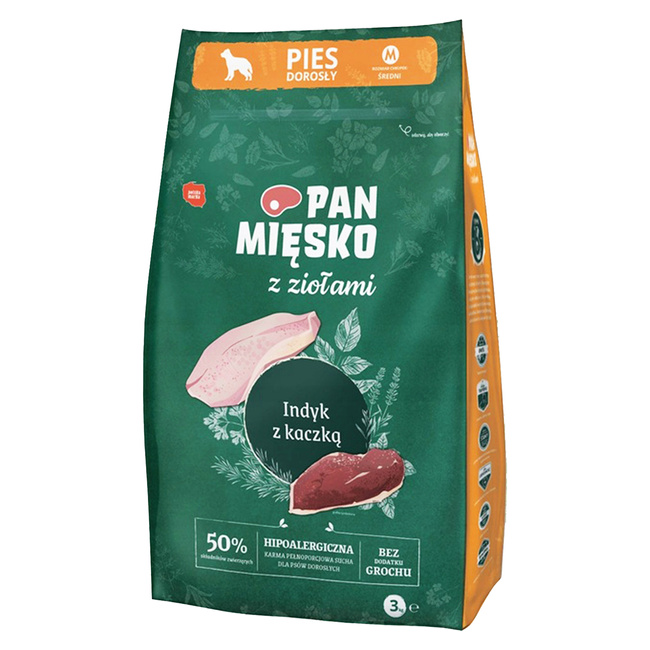 Pan Mięsko karma dla psa sucha z ziołami 3 kg Indyk Kaczka M