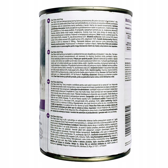 RAW PALEO Karma mokra dla psa Mono Kaczka 6 x 400g Bezzbożowa