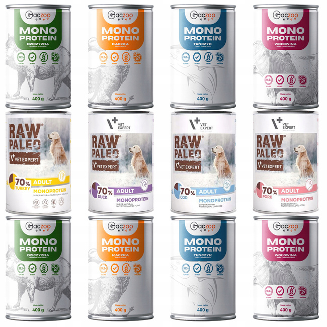Raw Paleo Gaczoo MONO PROTEIN karma mokra dla psa mix smaków 12 x 400g