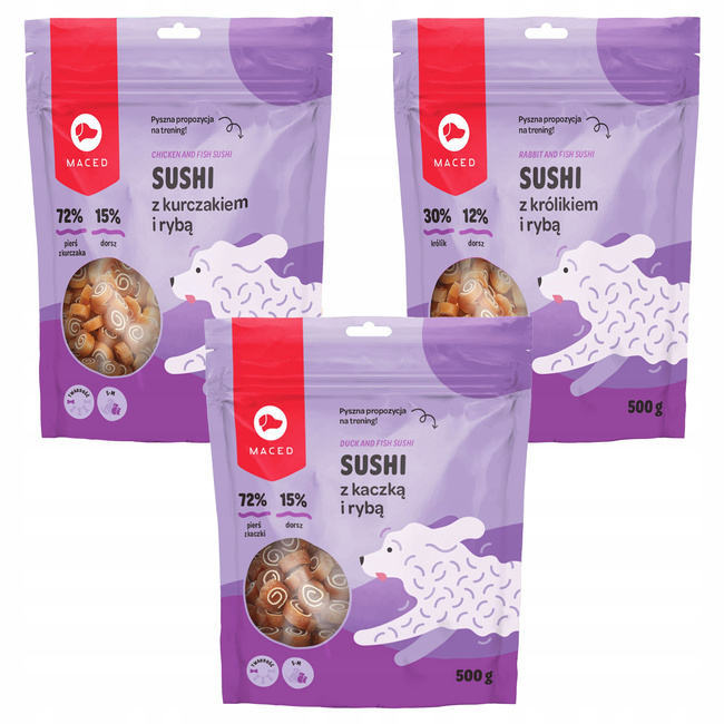 MACED Zestaw przysmaków dla psa 3x Sushi 500g Królik, Kaczka, Kurczak