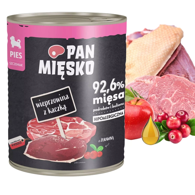 PAN MIĘSKO Karma mokra dla szczeniąt Wieprzowina Kaczka 800g Bezzbożowa