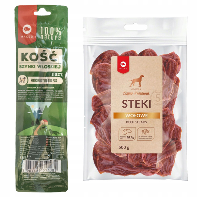MACED Zestaw przysmaków dla psa Kości z szynki + Steki Wołowe 500g