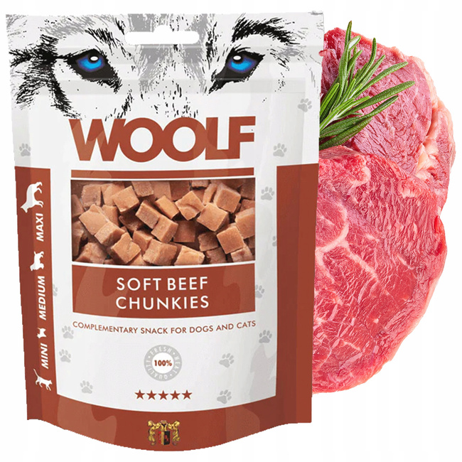 WOOLF SOFT CHUNKIES zdrowy smakołyk kostki przysmak dla psa Wołowina 100g