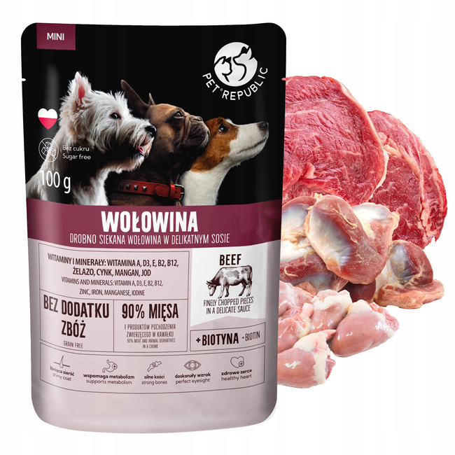 PET REPUBLIC Mini Fileciki karma mokra dla psa Wołowina 24 x 100g Bezzbożowa