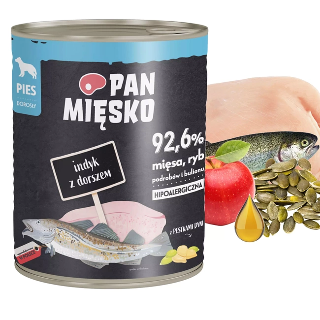 PAN MIĘSKO Karma mokra dla psa Indyk Dorsz 800g Bezzbożowa