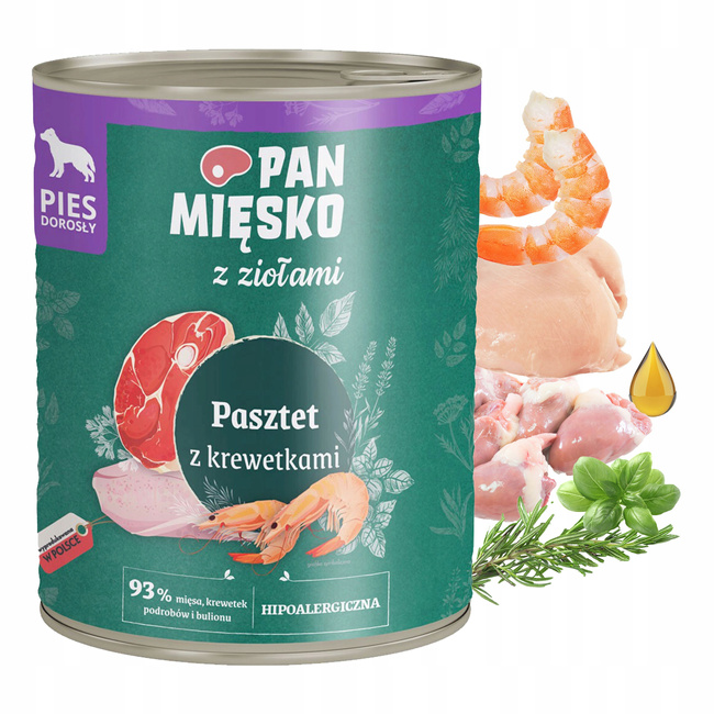 PAN MIĘSKO z Ziołami Karma mokra dla psa Pasztet Krewetki 800g