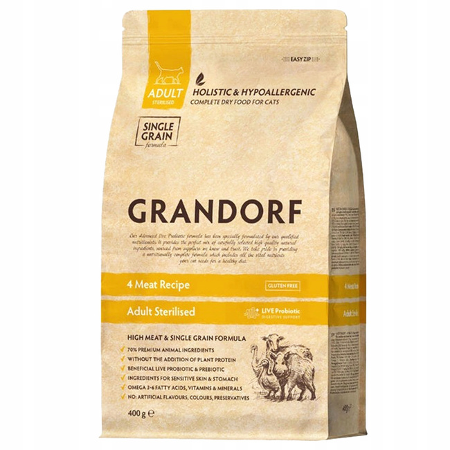 GRANDORF STERILIZED Adult Karma sucha dla kota 4 meat 400g Bezzbożowa