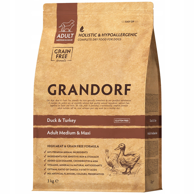 GRANDORF DOG MEDIUM&MAXI ADULT karma sucha dla psa Kaczka Indyk 3 kg