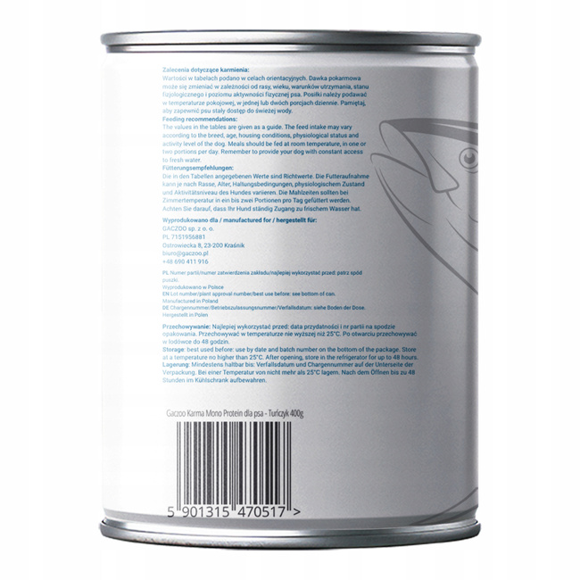Mokra karma monobiałkowa dla psa Gaczoo MONO PROTEIN Tuńczyk 12 x 400g