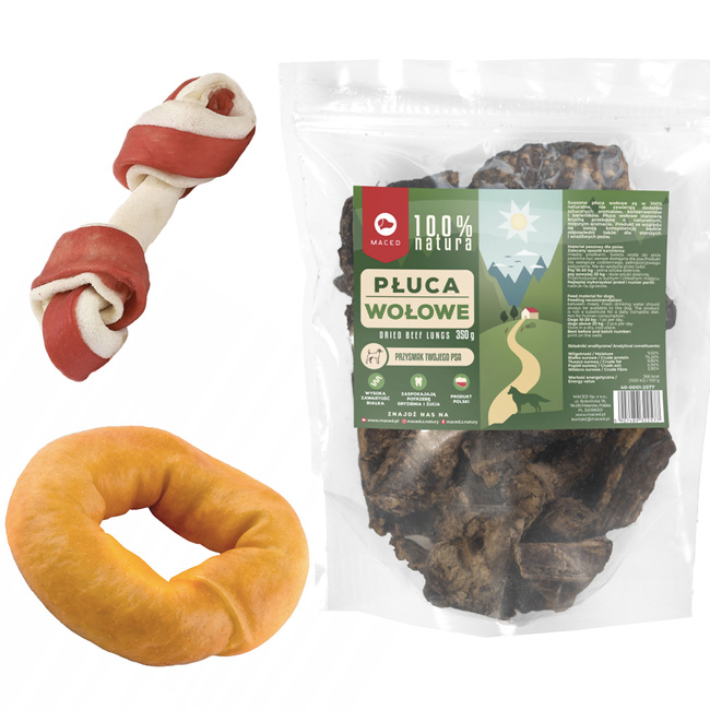 MACED Zestaw przysmaków dla psa Płuca wołowe 350g + Kość 16cm + Ring ze skóry
