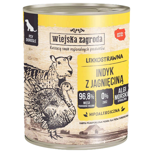 WIEJSKA ZAGRODA Karma mokra dla psa Indyk Jagnięcina 800g Bezzbożowa