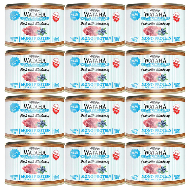 WATAHA Mono Protein Adult karma mokra dla psa Wieprzowina Borówka 12 x 185g