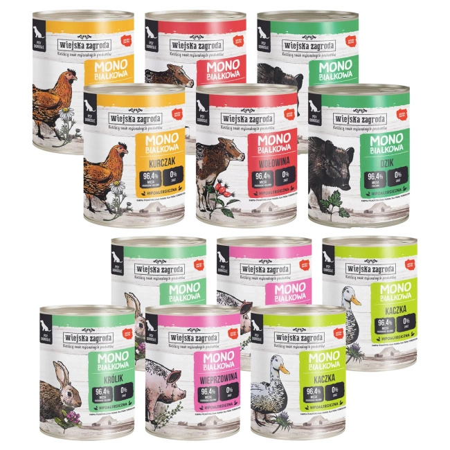 WIEJSKA ZAGRODA Monobiałkowa Mix Smaków karma mokra dla psa 12 x 800g