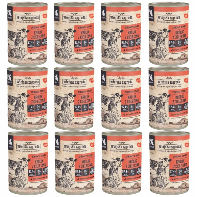 WIEJSKA ZAGRODA Karma mokra dla Kociąt Królik Cielęcina 12 x 400g bez zbóż