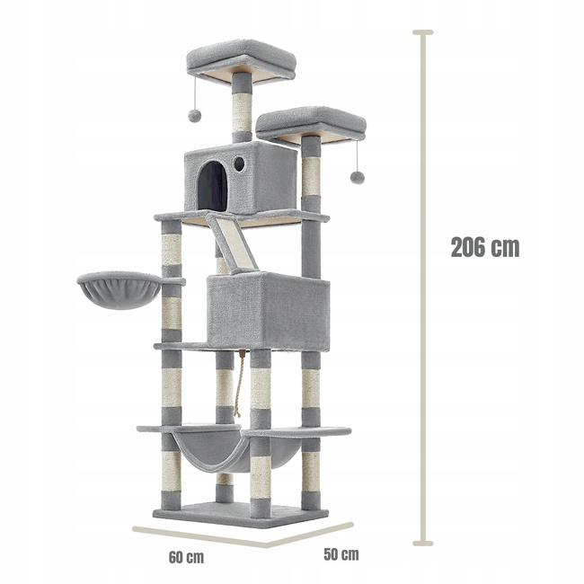 Drapak dla kota Gaczoo wysoki wieża legowisko jasny szary 60 x 50 x 206 cm