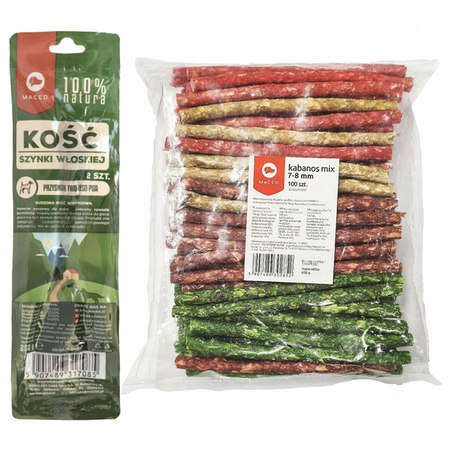 MACED Zestaw przysmaków dla psa Kabanosy mix 100g + Kość z szynki wołowej 2 szt
