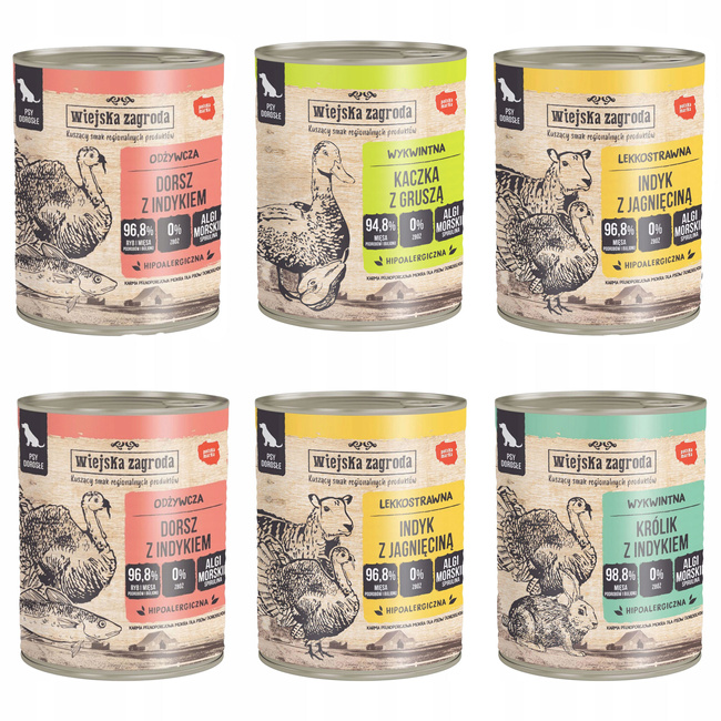 WIEJSKA ZAGRODA Karma mokra dla psa mix smaków 6 x 800g Bezzbożowa