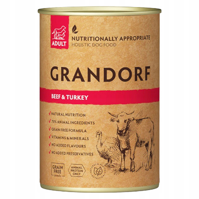 GRANDORF DOG zdrowa karma mokra dla psa Wołowina Indyk 12 x 400g Bezzbożowa