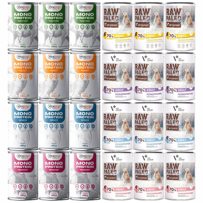 Raw Paleo Gaczoo MONO PROTEIN karma mokra dla psa mix smaków 24 x 400g