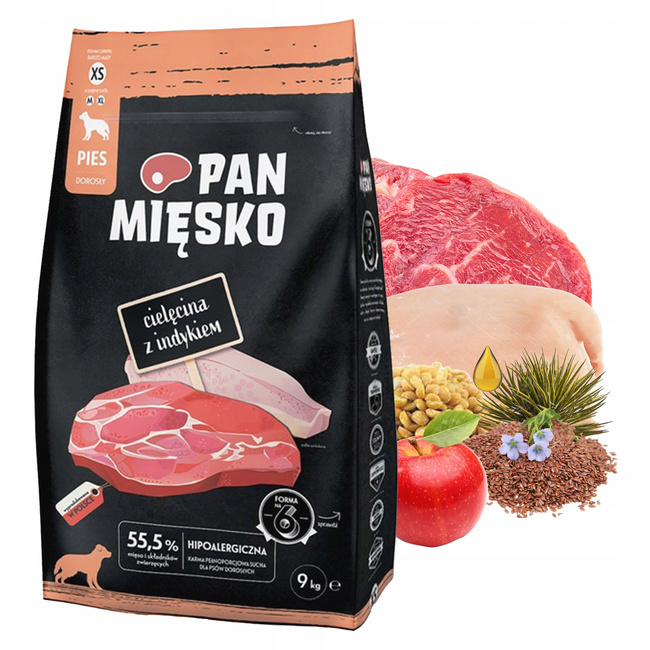 Pan Mięsko Karma dla psa sucha 9 kg Cielęcina Indyk XS