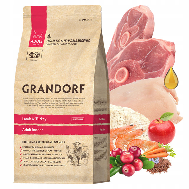 GRANDORF INDOOR Adult Karma sucha dla kota Jagnięcina Indyk 2 kg
